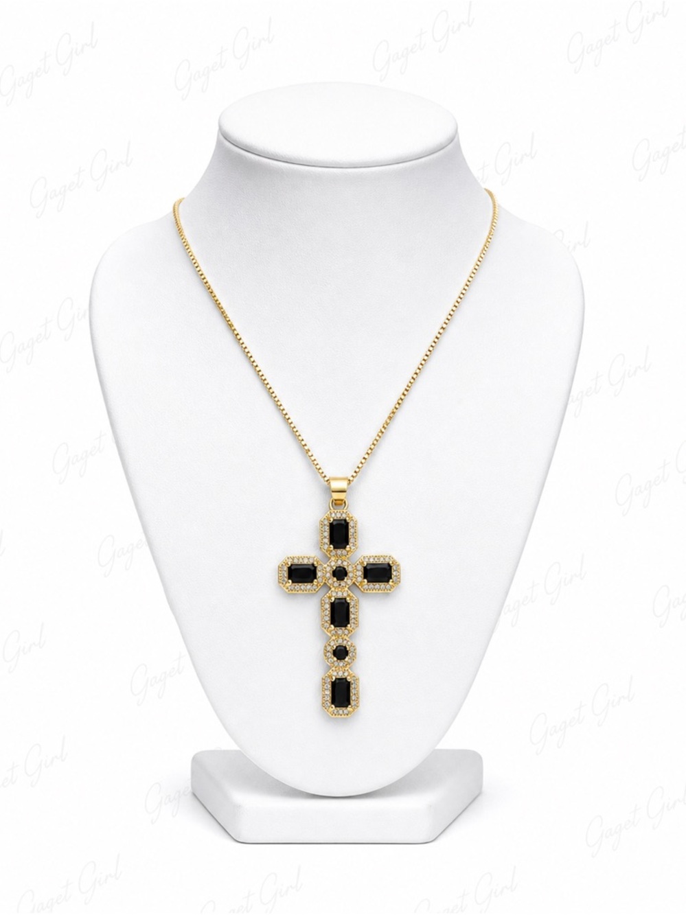 Gold Cross Pendant Necklace with Black Stones - Women Jewelry